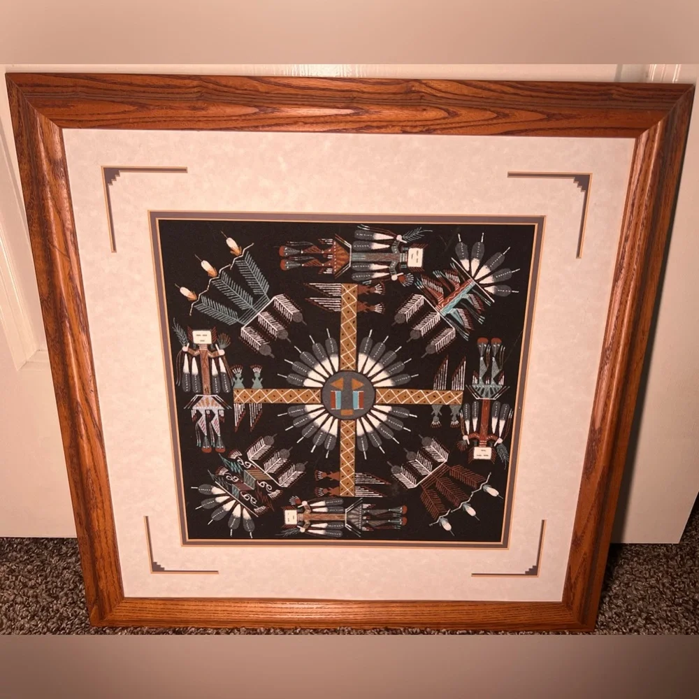 VTG Indian Native American Navajo Sand Art Painting Signed Wood Framed Black 20”